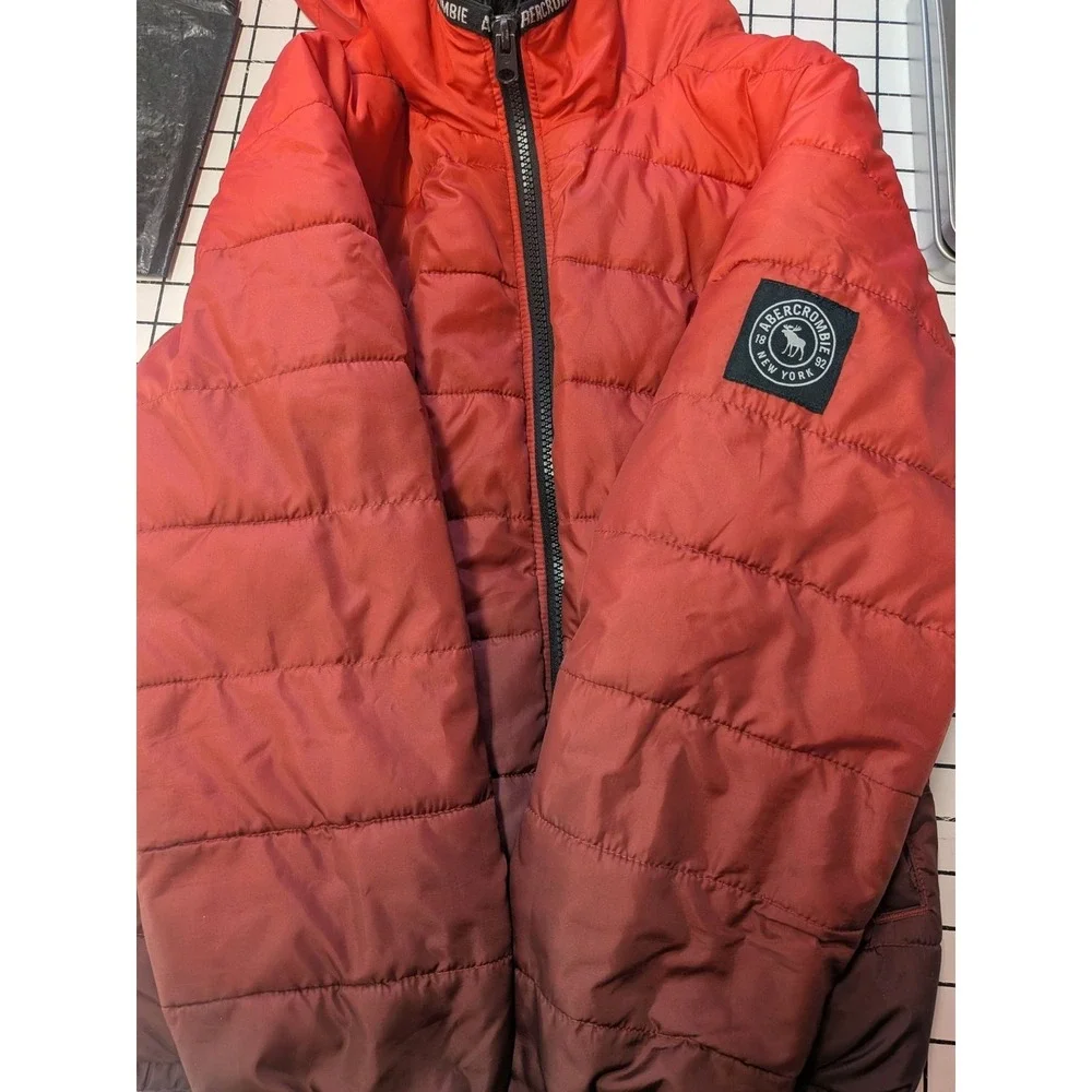 Abercrombie Kids 9/10 Red Ombre Puffer Hooded Jacket Faux Lined Full Zip Outdoor